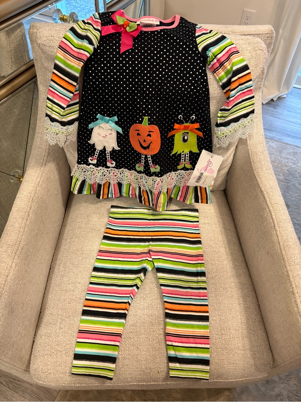 Bonnie Baby Black Polka Dot Top with Multicolor Stripe Leggings